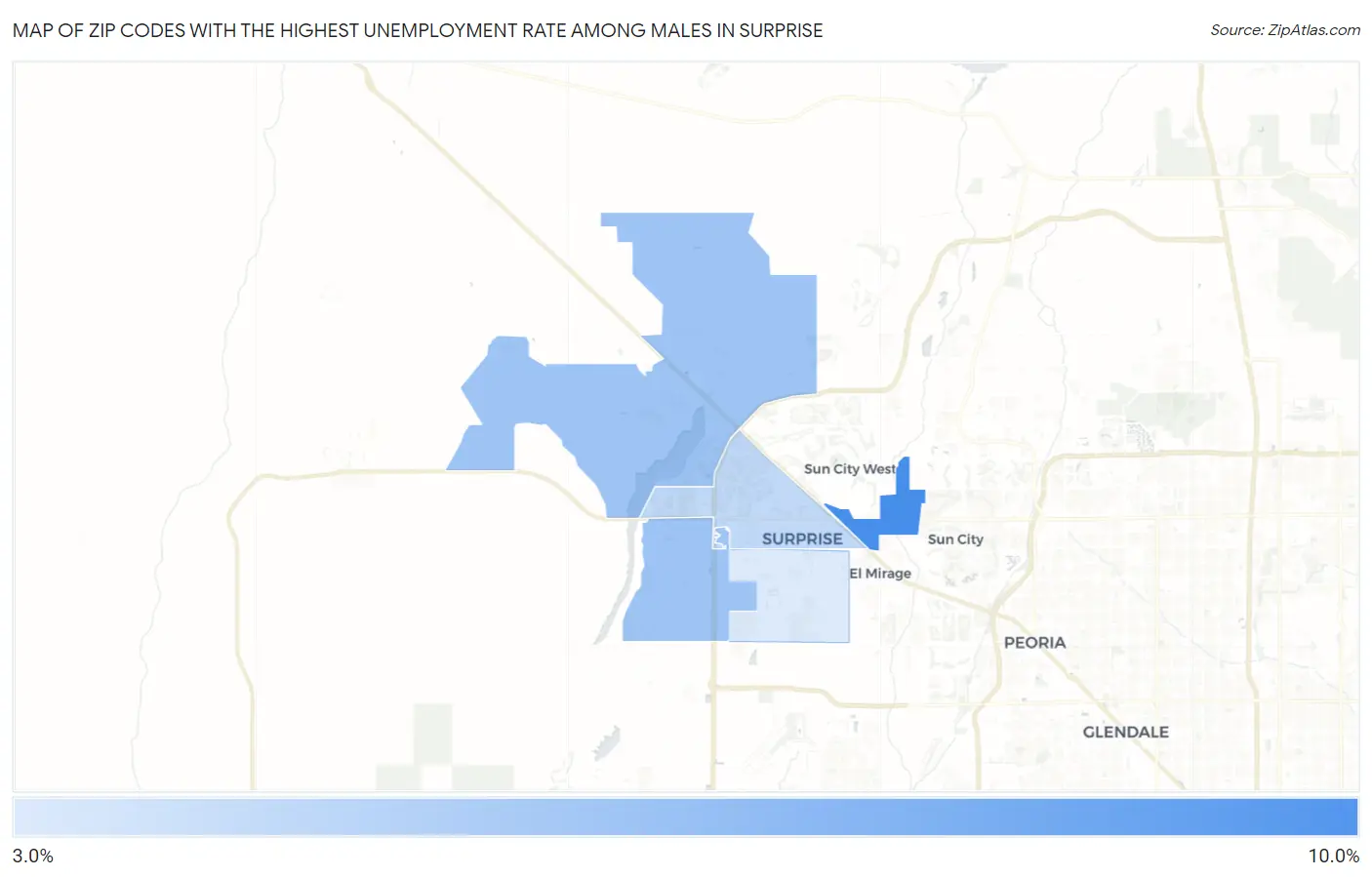 Zip Codes with the Highest Unemployment Rate Among Males in Surprise Map