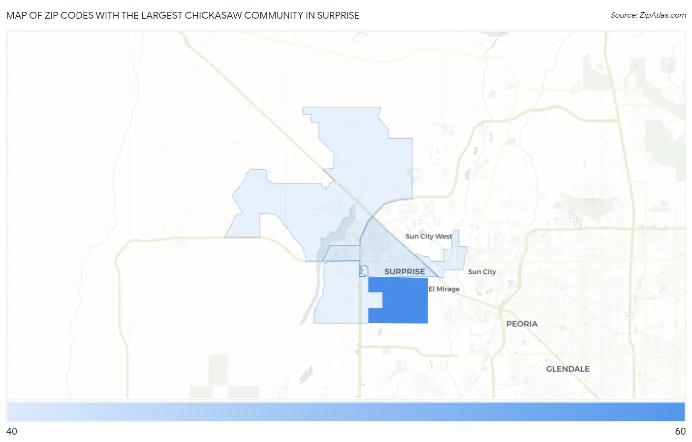 Zip Codes with the Largest Chickasaw Community in Surprise Map