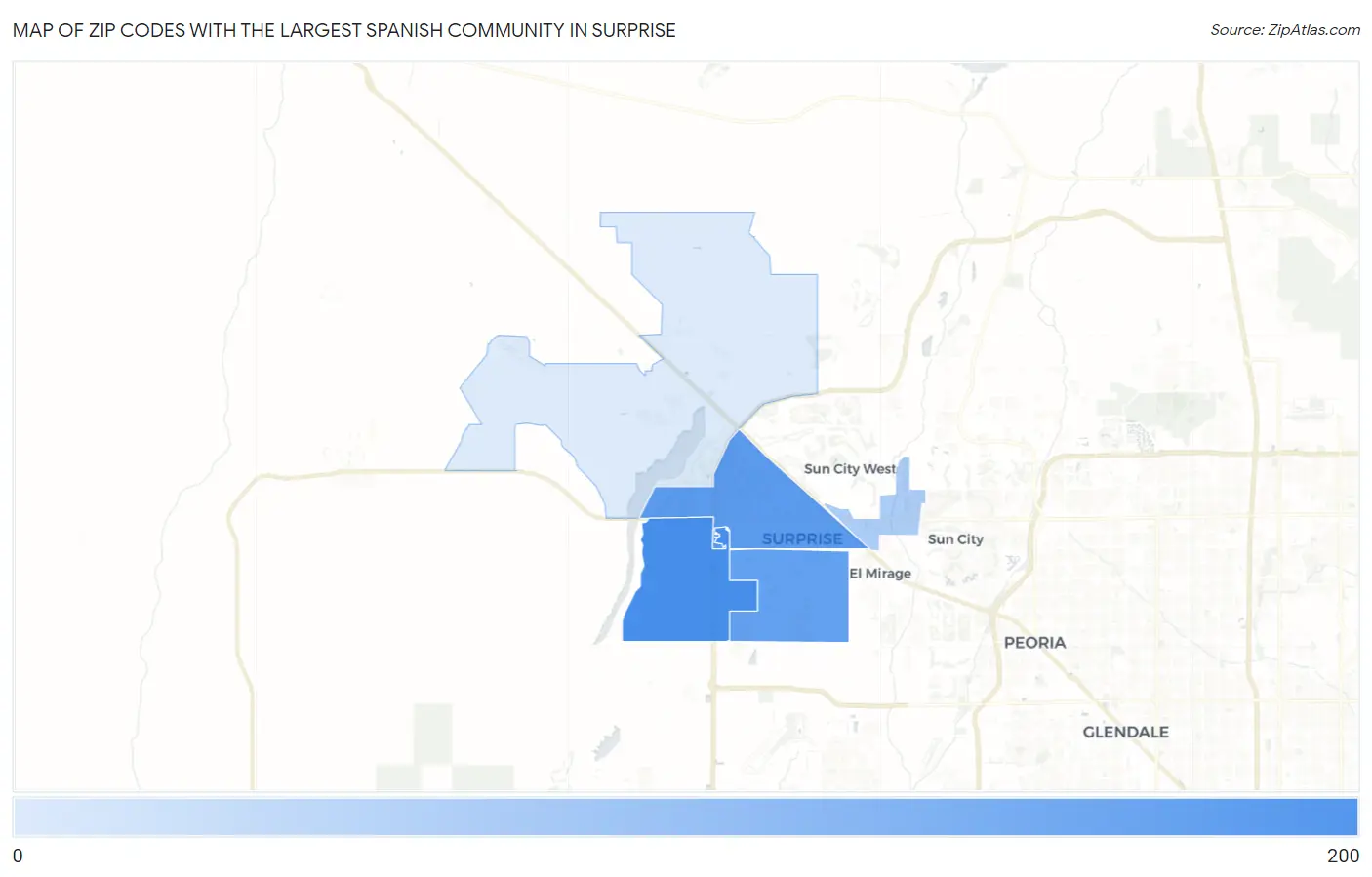 Zip Codes with the Largest Spanish Community in Surprise Map
