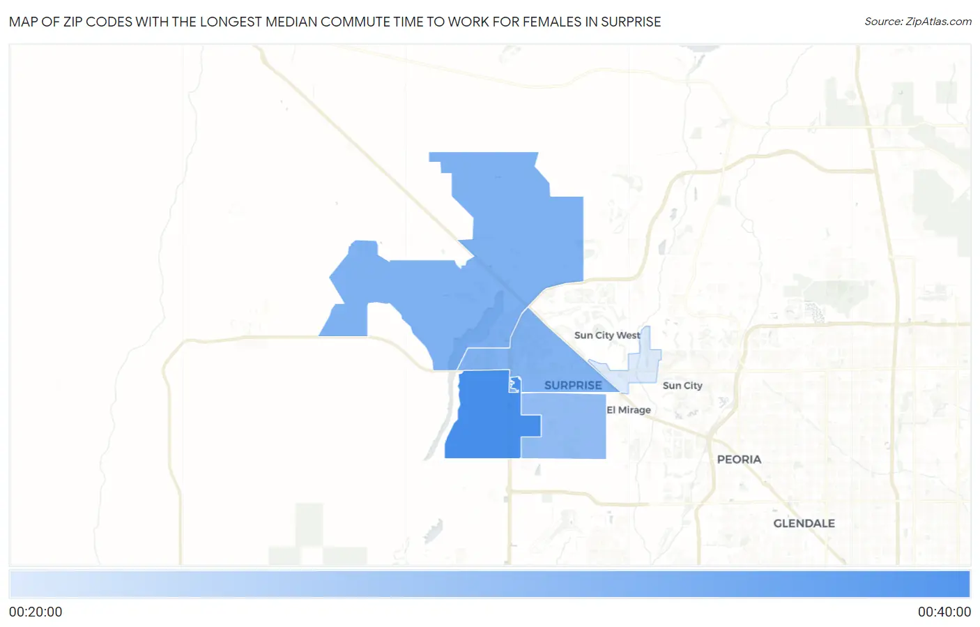 Zip Codes with the Longest Median Commute Time to Work for Females in Surprise Map