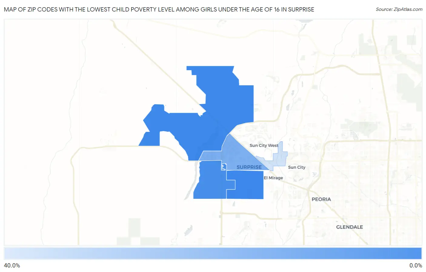 Zip Codes with the Lowest Child Poverty Level Among Girls Under the Age of 16 in Surprise Map