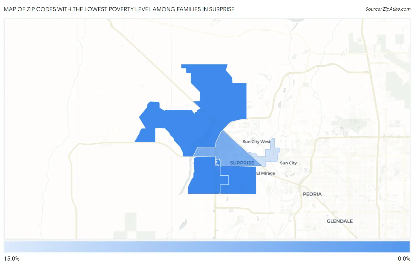Zip Codes with the Lowest Poverty Level Among Families in Surprise Map