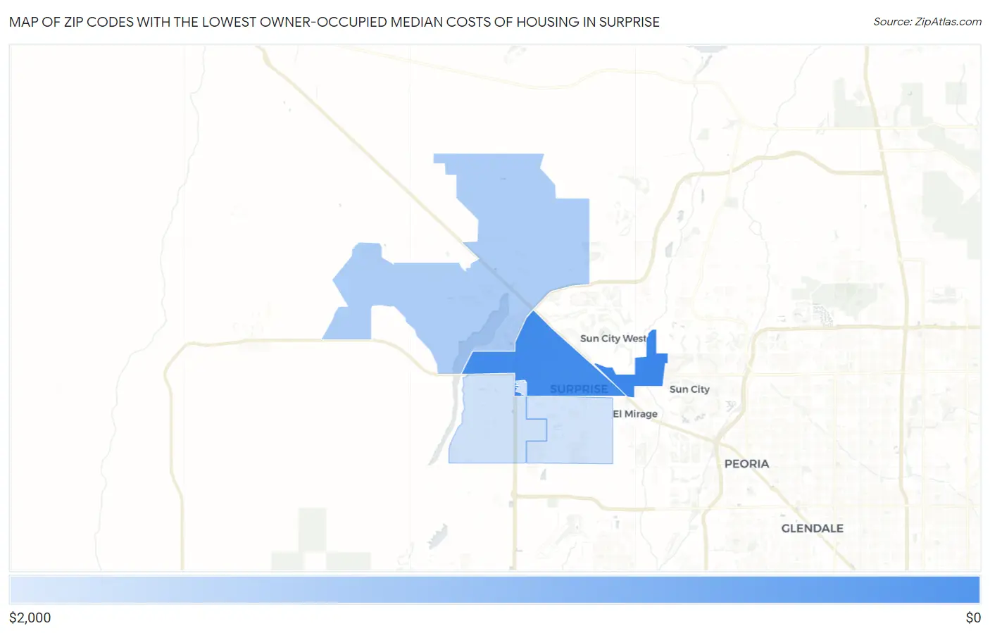 Zip Codes with the Lowest Owner-Occupied Median Costs of Housing in Surprise Map