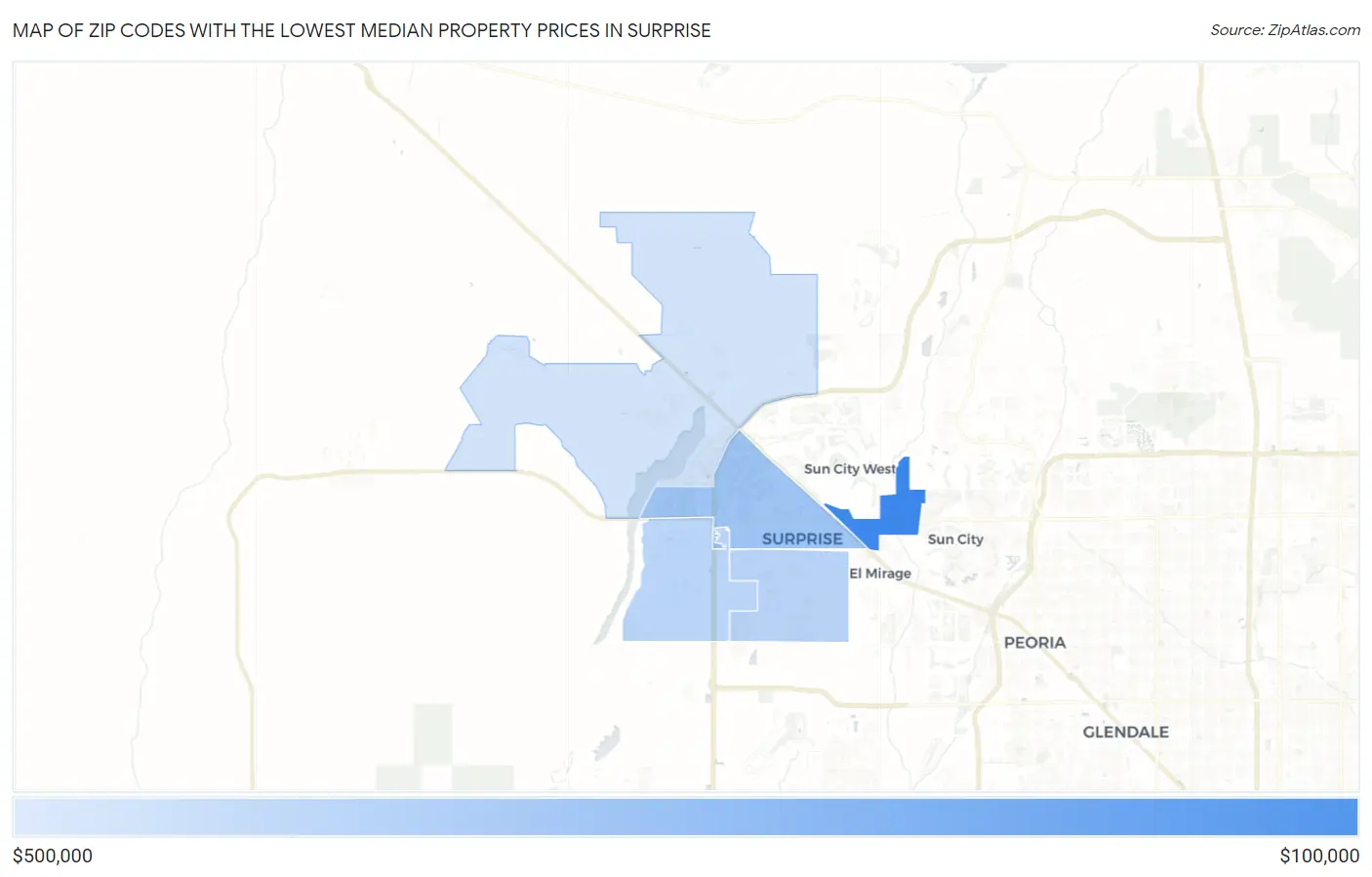 Zip Codes with the Lowest Median Property Prices in Surprise Map