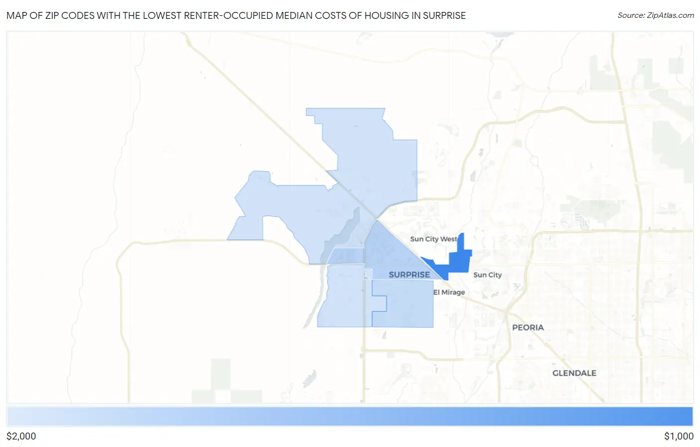 Zip Codes with the Lowest Renter-Occupied Median Costs of Housing in Surprise Map