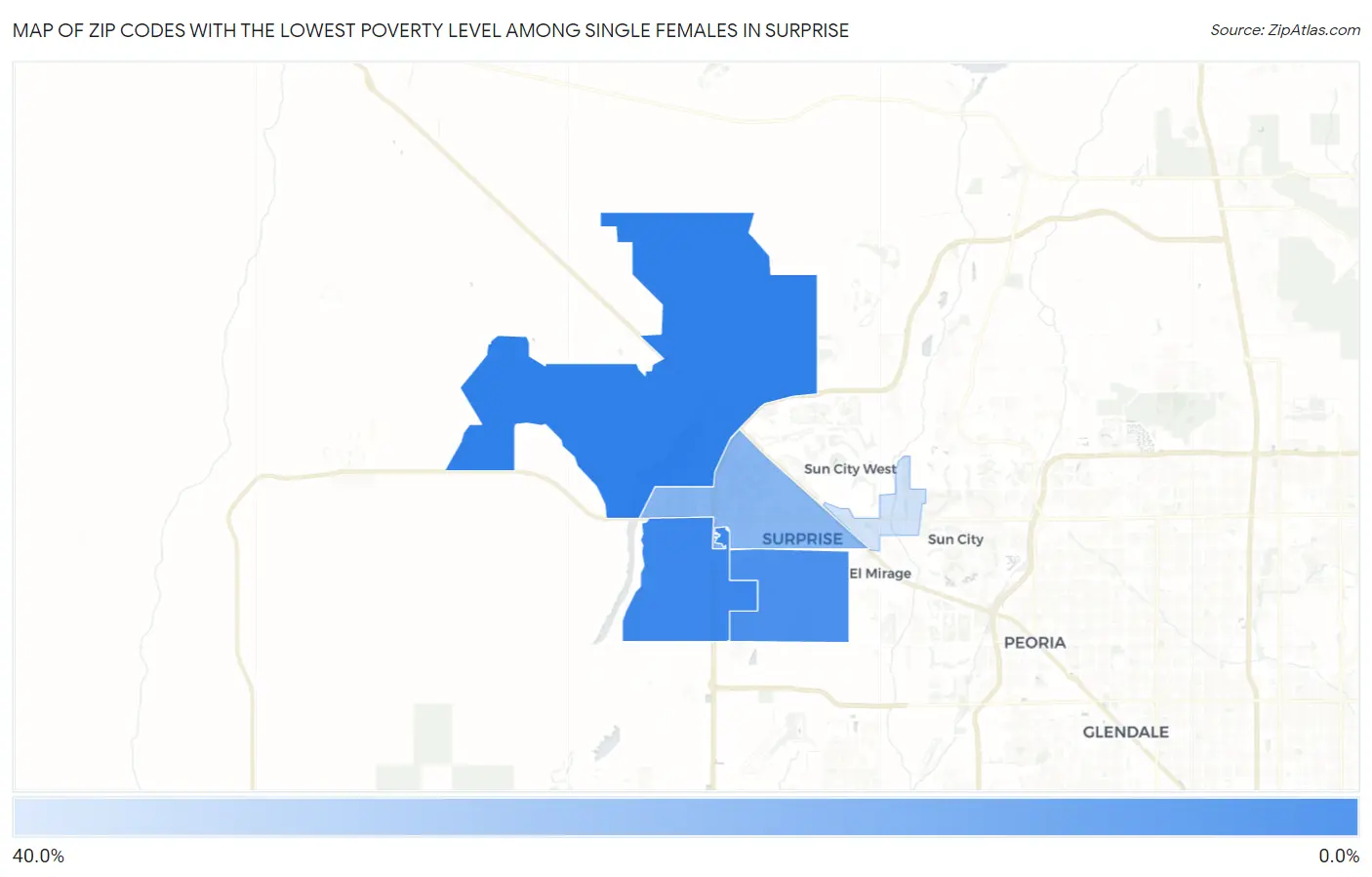 Zip Codes with the Lowest Poverty Level Among Single Females in Surprise Map