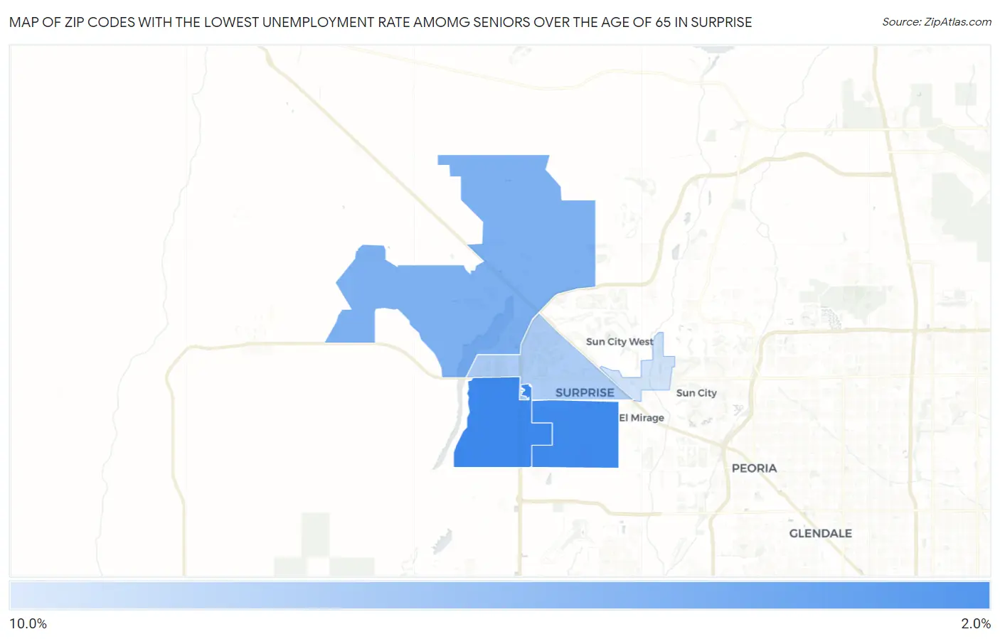 Zip Codes with the Lowest Unemployment Rate Amomg Seniors Over the Age of 65 in Surprise Map