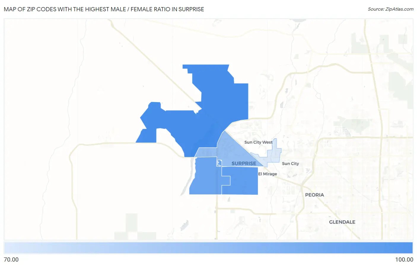 Zip Codes with the Highest Male / Female Ratio in Surprise Map