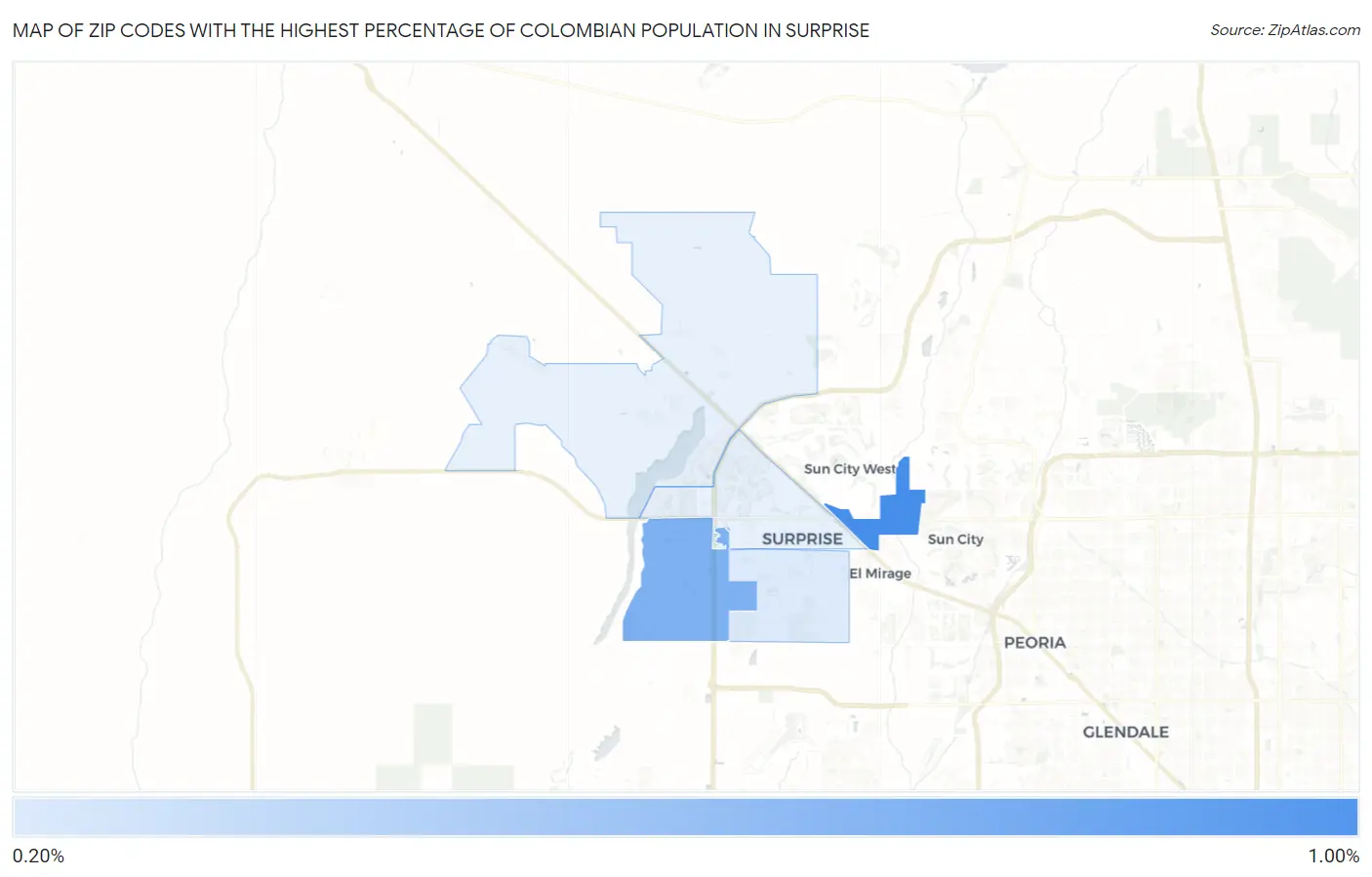 Zip Codes with the Highest Percentage of Colombian Population in Surprise Map