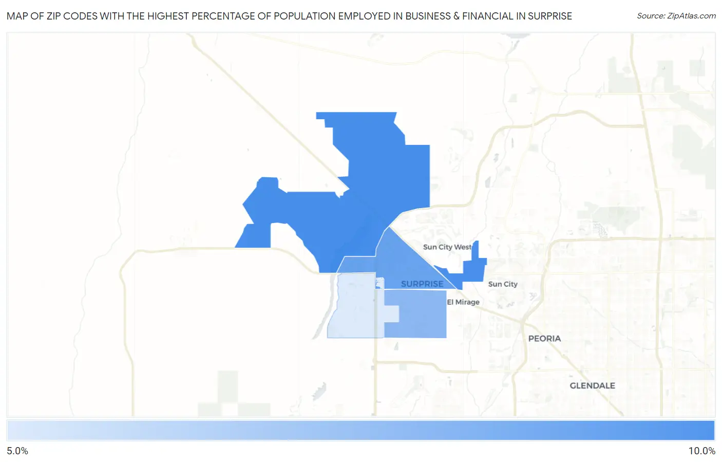 Zip Codes with the Highest Percentage of Population Employed in Business & Financial in Surprise Map