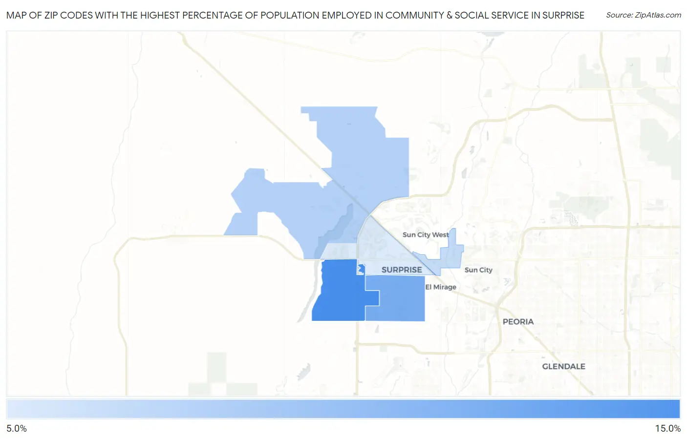 Zip Codes with the Highest Percentage of Population Employed in Community & Social Service  in Surprise Map