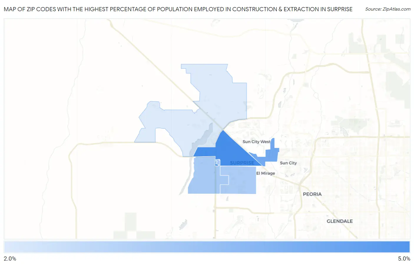 Zip Codes with the Highest Percentage of Population Employed in Construction & Extraction in Surprise Map