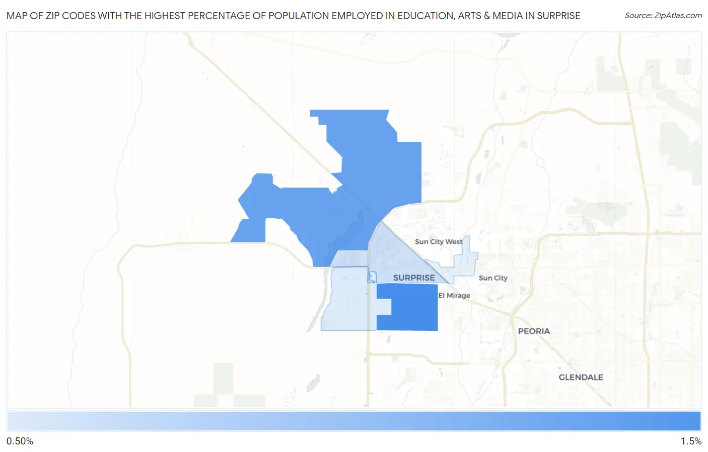 Zip Codes with the Highest Percentage of Population Employed in Education, Arts & Media in Surprise Map