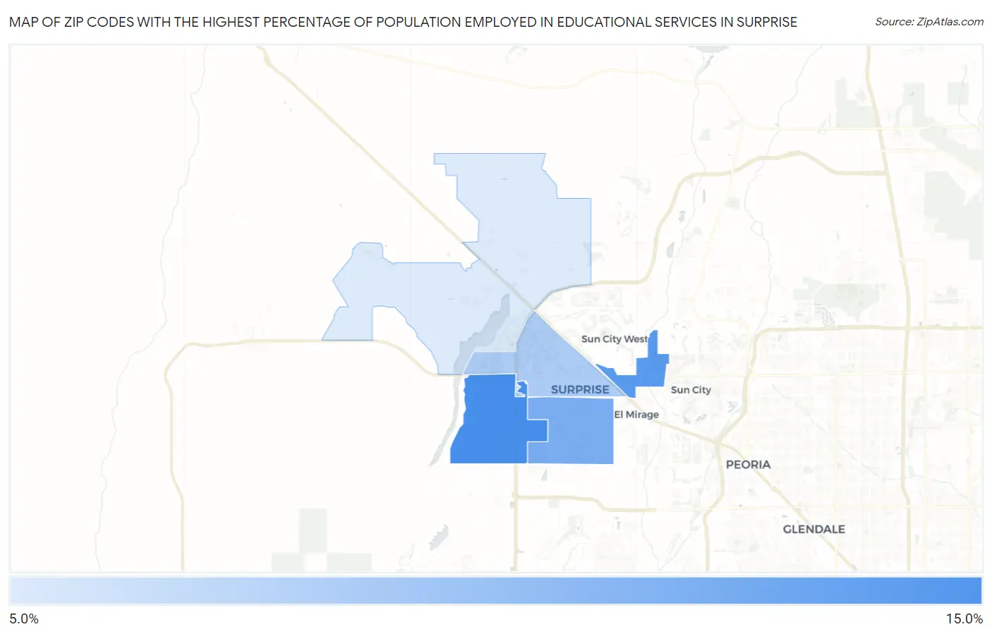 Zip Codes with the Highest Percentage of Population Employed in Educational Services in Surprise Map