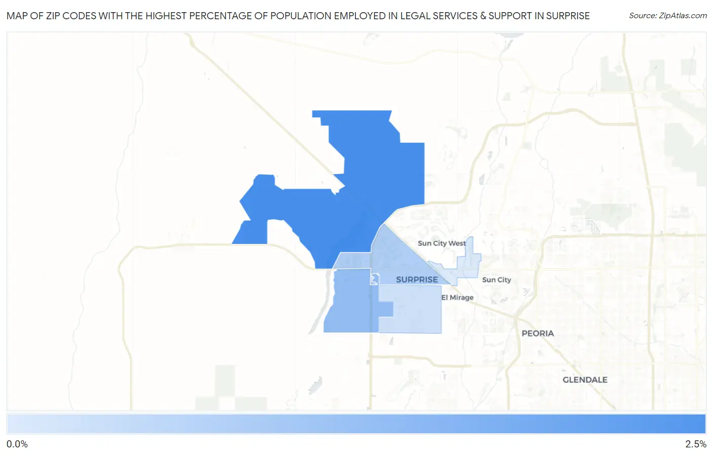 Zip Codes with the Highest Percentage of Population Employed in Legal Services & Support in Surprise Map