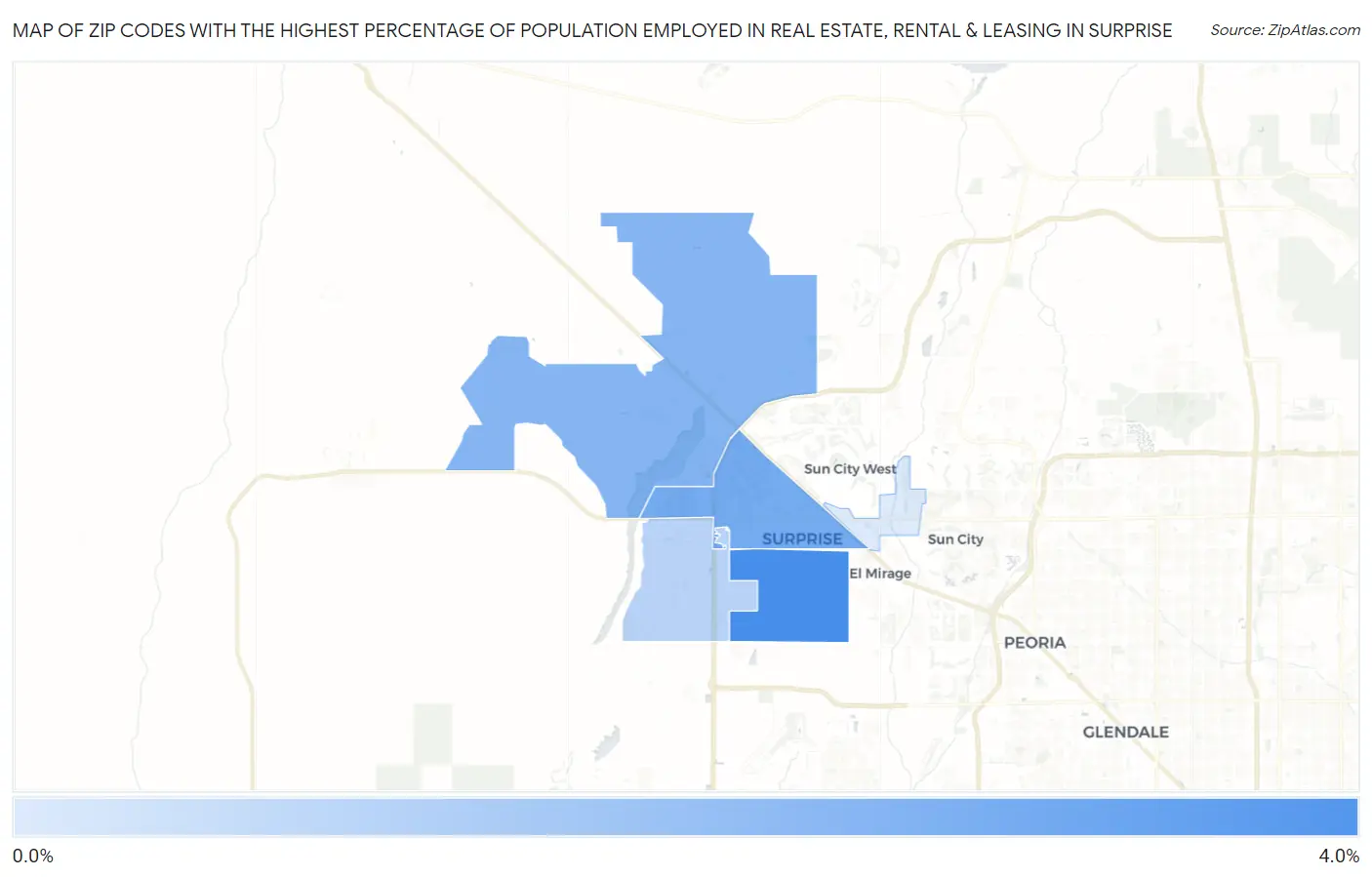 Zip Codes with the Highest Percentage of Population Employed in Real Estate, Rental & Leasing in Surprise Map