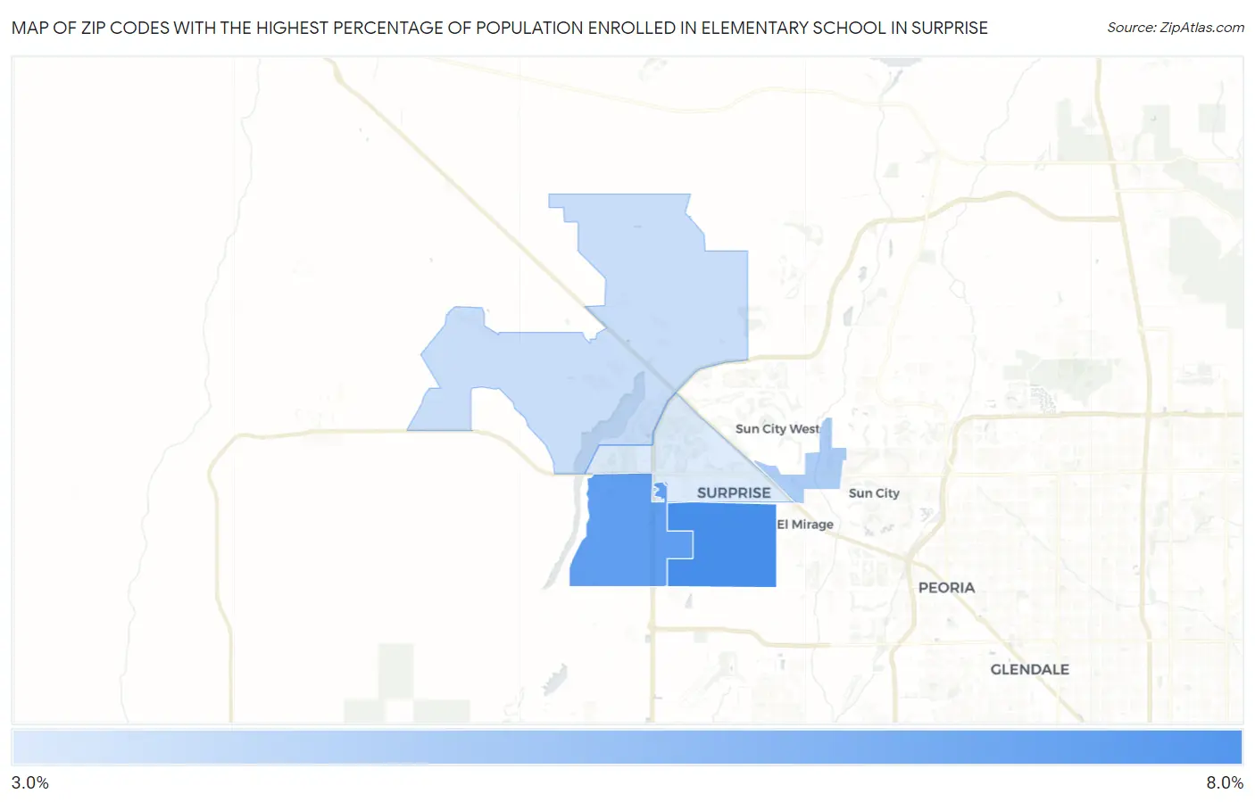 Zip Codes with the Highest Percentage of Population Enrolled in Elementary School in Surprise Map