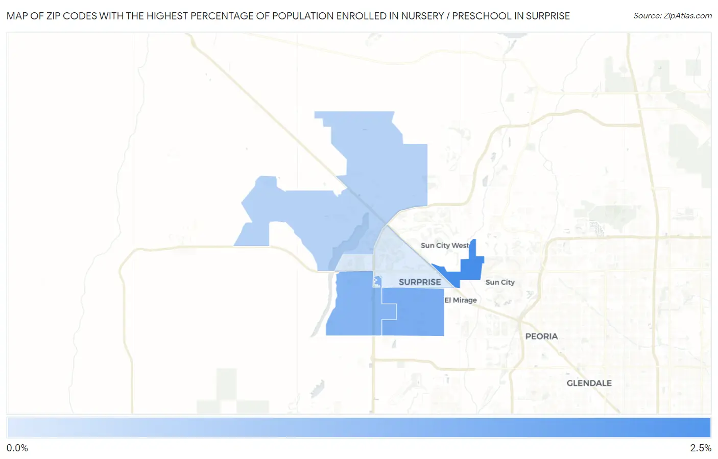 Zip Codes with the Highest Percentage of Population Enrolled in Nursery / Preschool in Surprise Map
