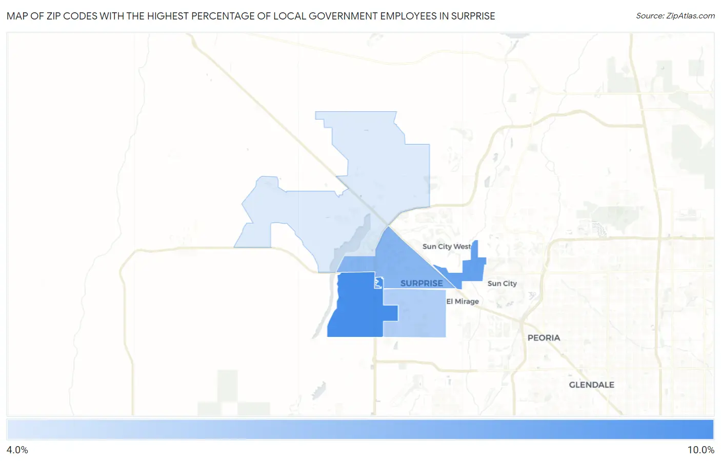 Zip Codes with the Highest Percentage of Local Government Employees in Surprise Map