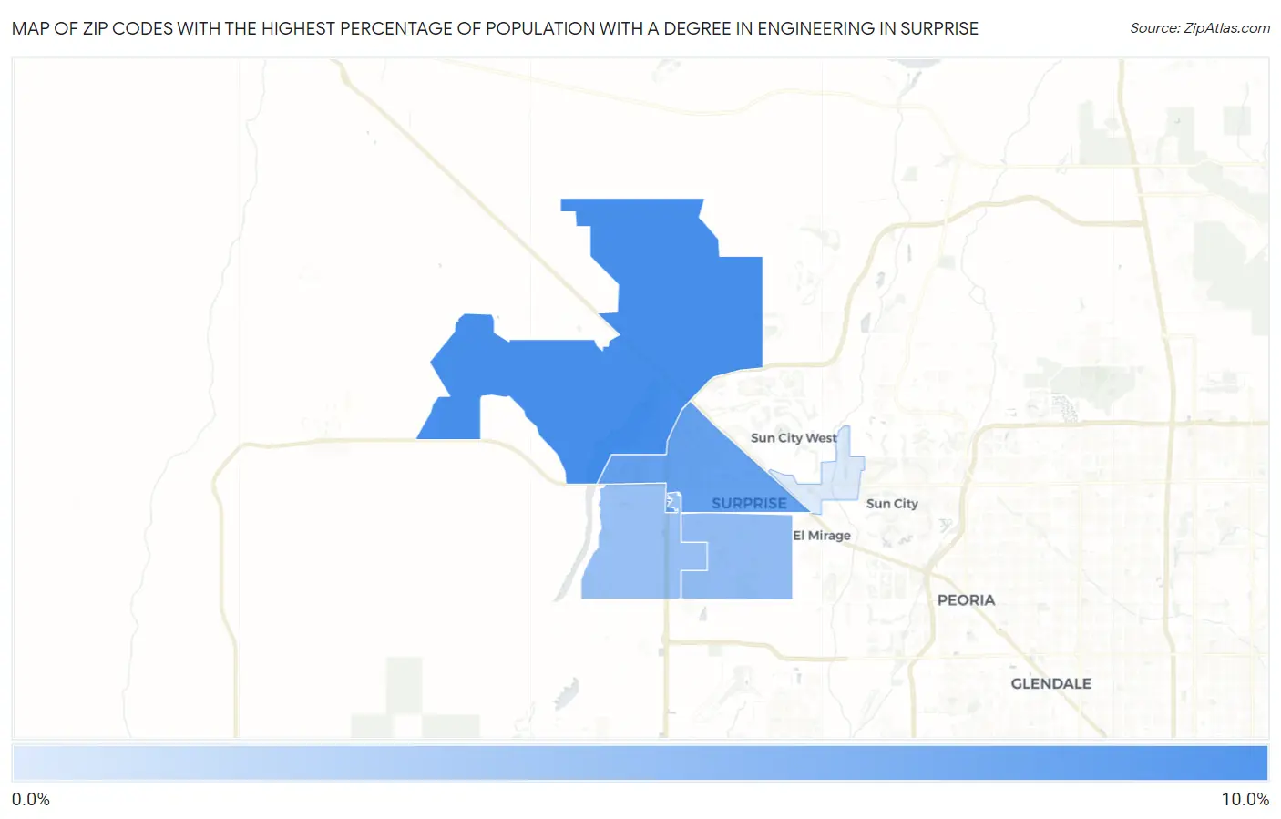Zip Codes with the Highest Percentage of Population with a Degree in Engineering in Surprise Map