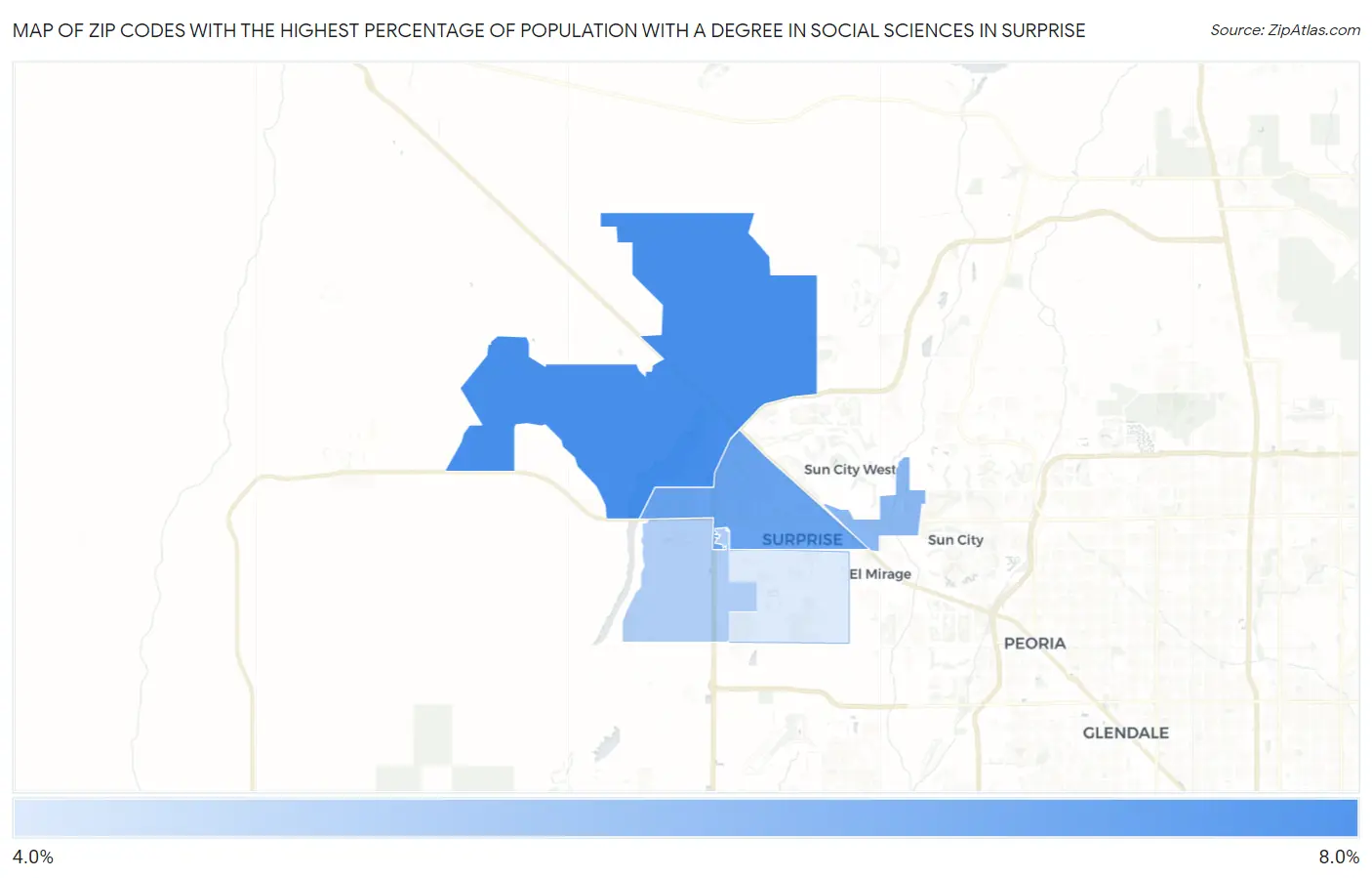 Zip Codes with the Highest Percentage of Population with a Degree in Social Sciences in Surprise Map
