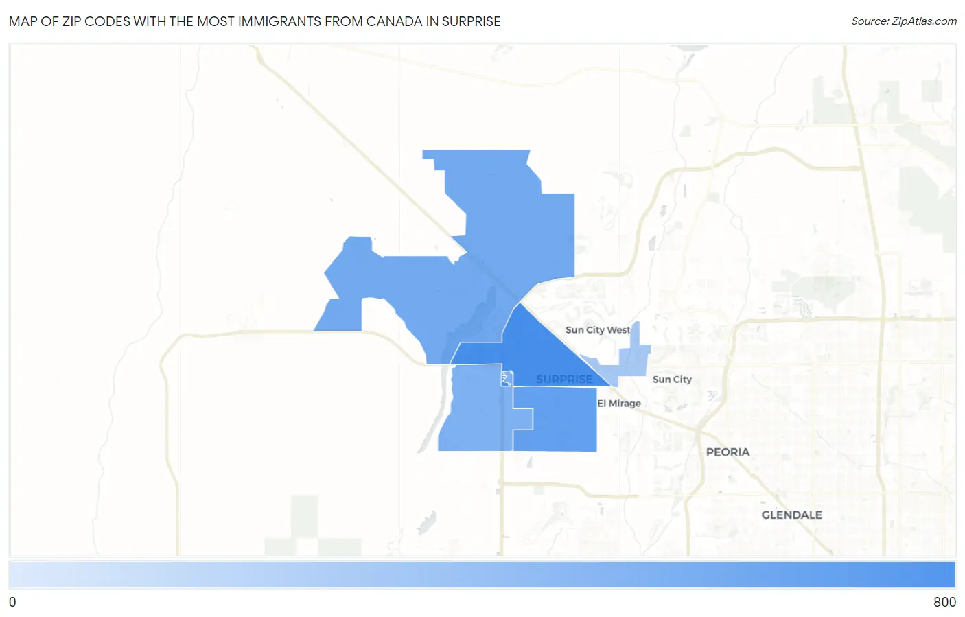 Zip Codes with the Most Immigrants from Canada in Surprise Map
