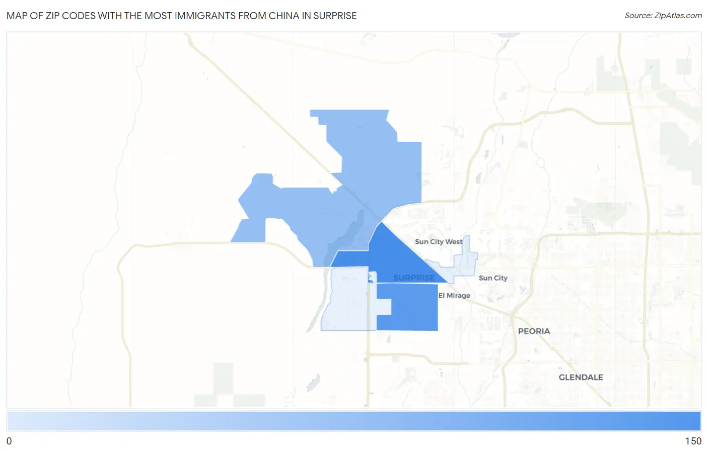 Zip Codes with the Most Immigrants from China in Surprise Map