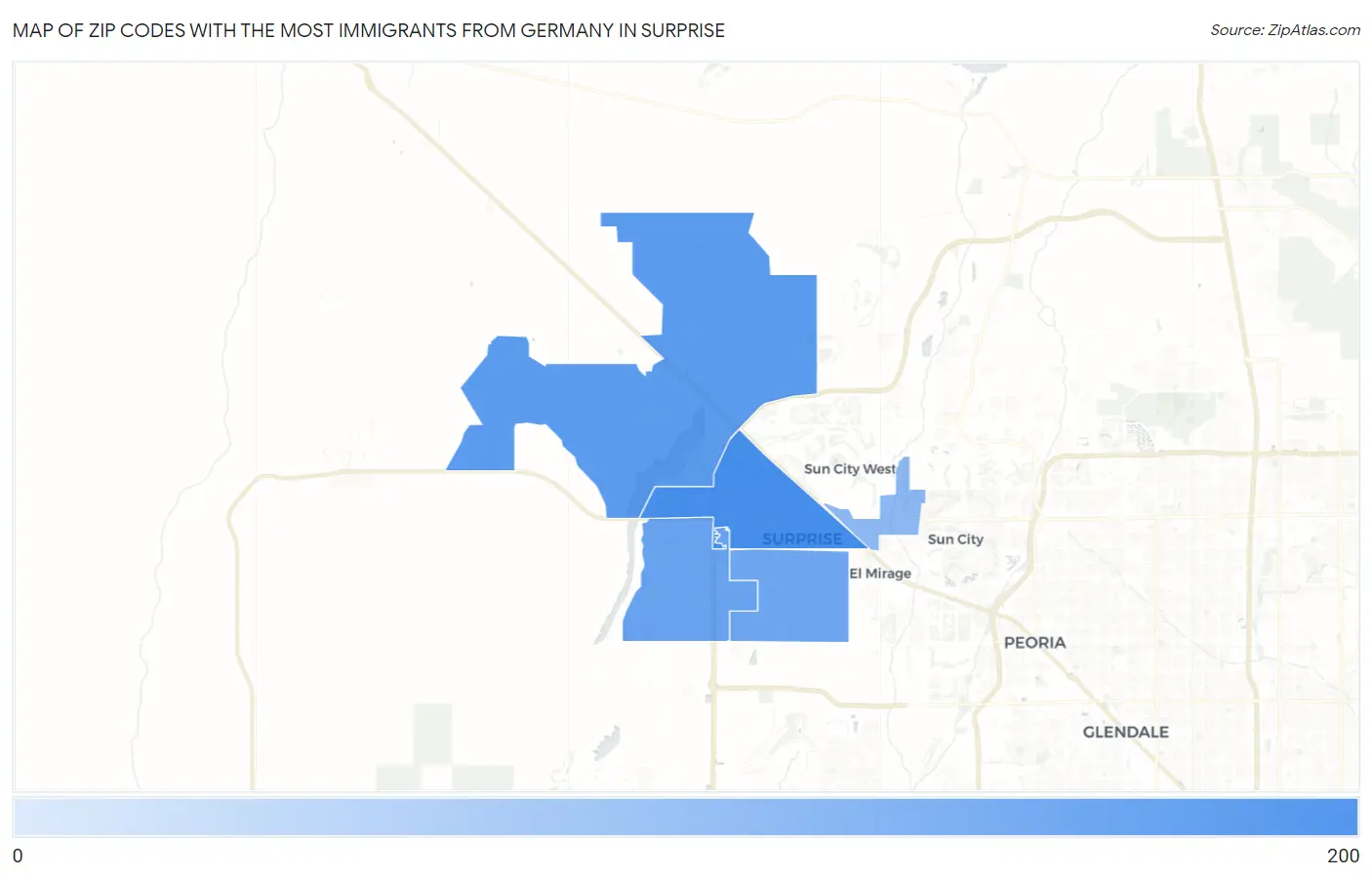 Zip Codes with the Most Immigrants from Germany in Surprise Map