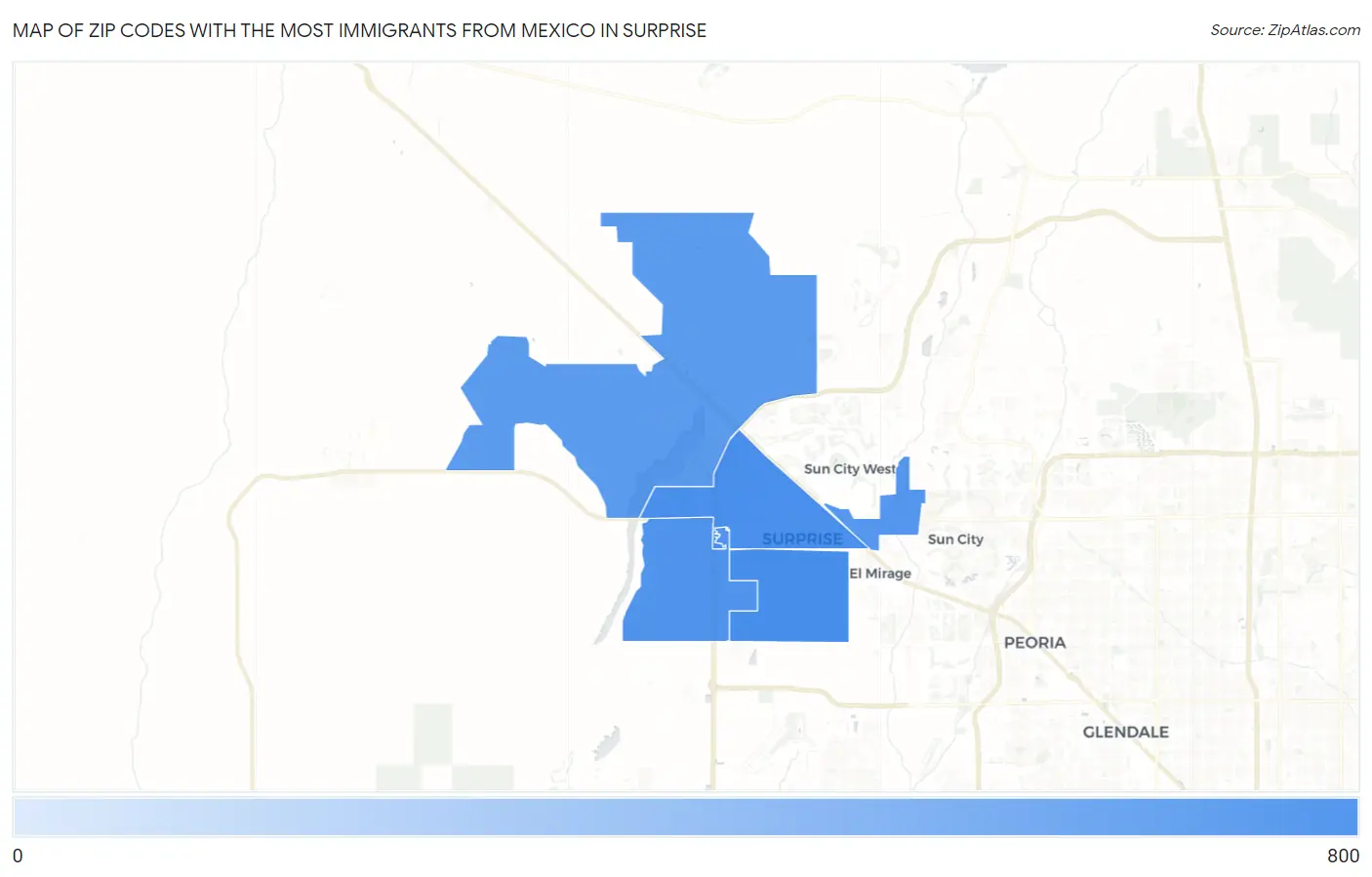 Zip Codes with the Most Immigrants from Mexico in Surprise Map