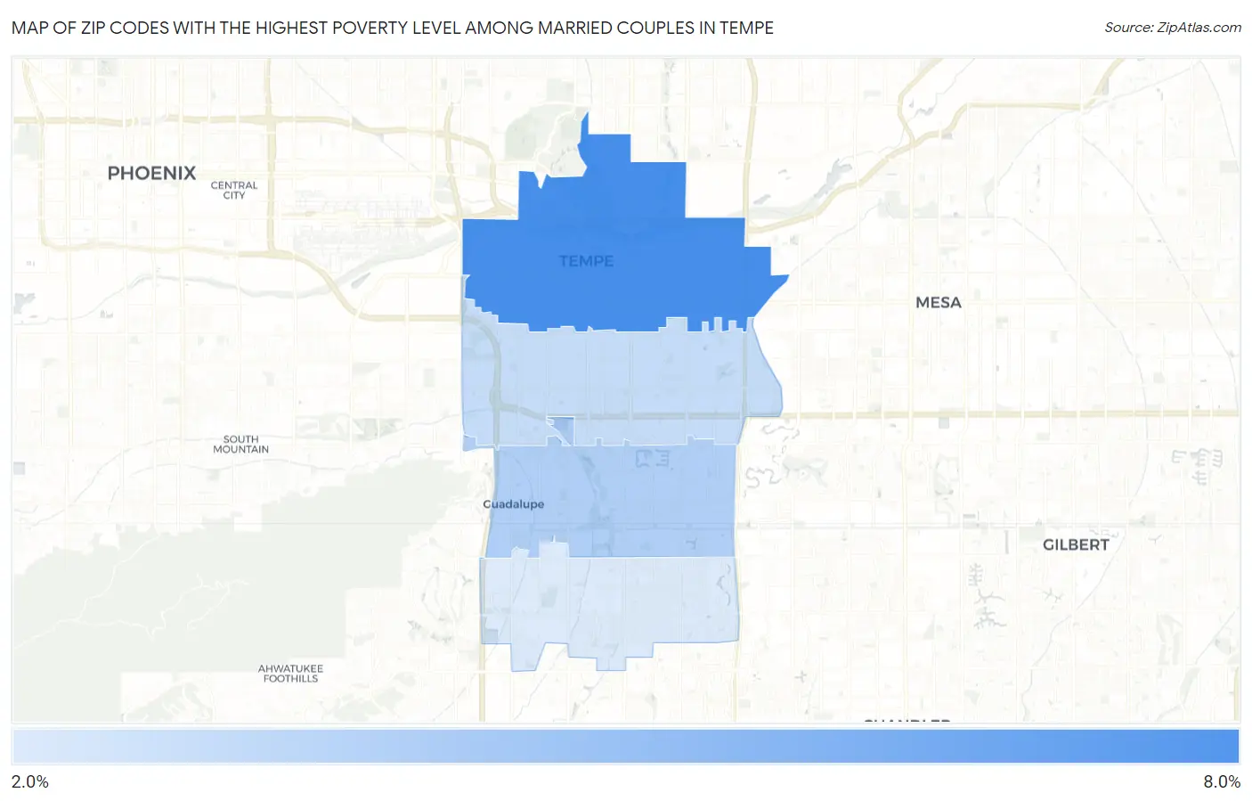 Zip Codes with the Highest Poverty Level Among Married Couples in Tempe Map