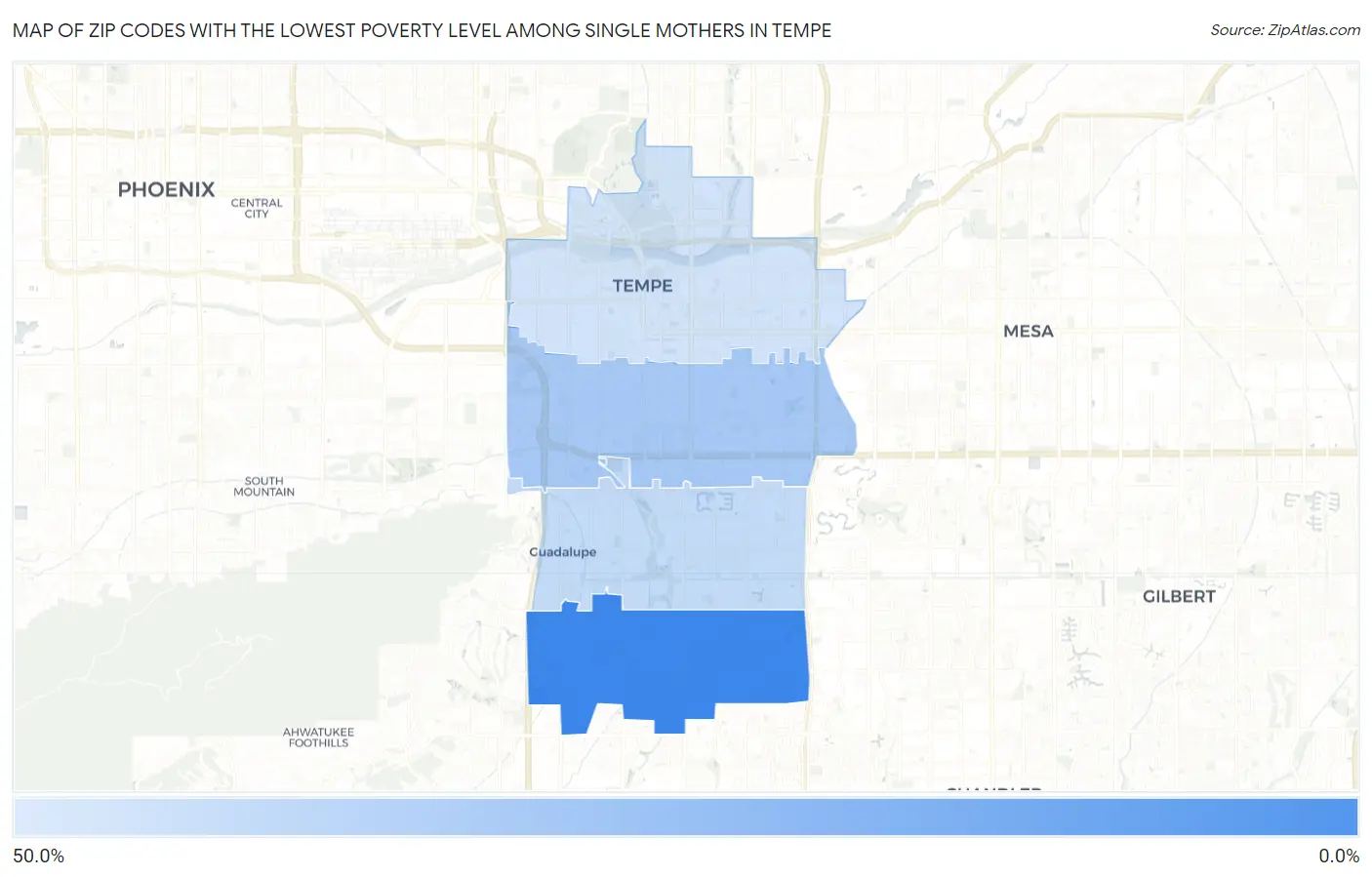 Zip Codes with the Lowest Poverty Level Among Single Mothers in Tempe Map