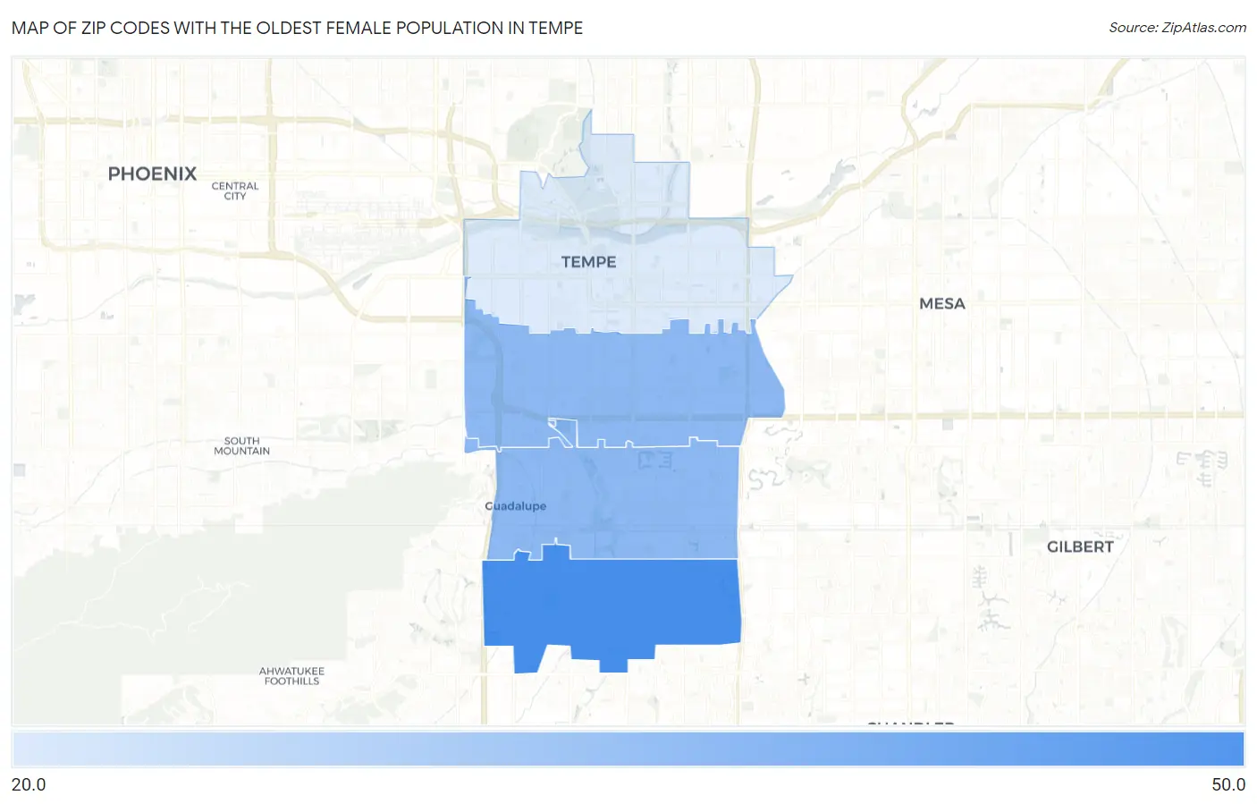 Zip Codes with the Oldest Female Population in Tempe Map