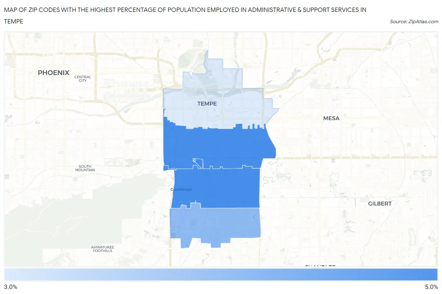 Zip Codes with the Highest Percentage of Population Employed in Administrative & Support Services in Tempe Map