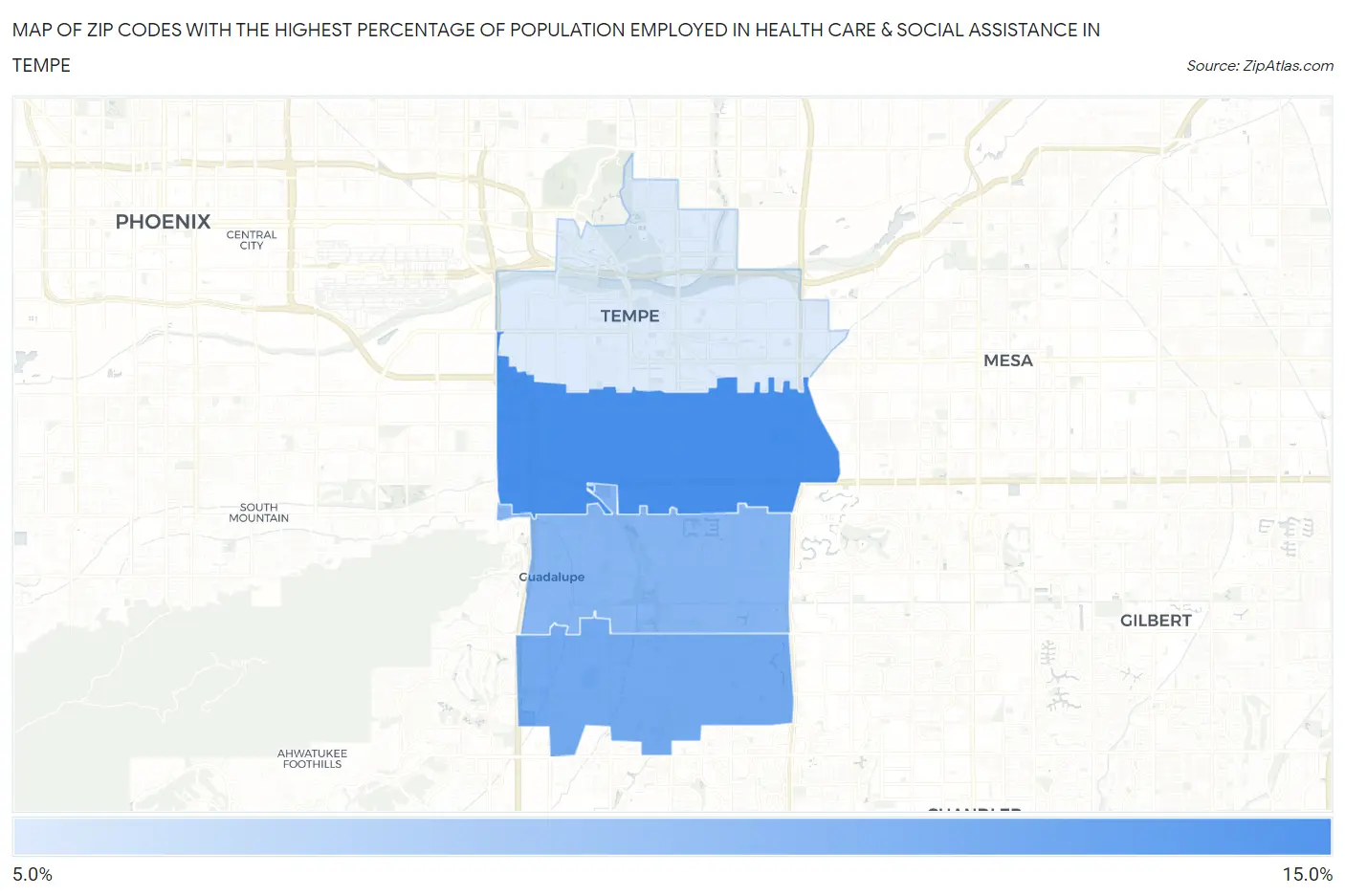 Zip Codes with the Highest Percentage of Population Employed in Health Care & Social Assistance in Tempe Map
