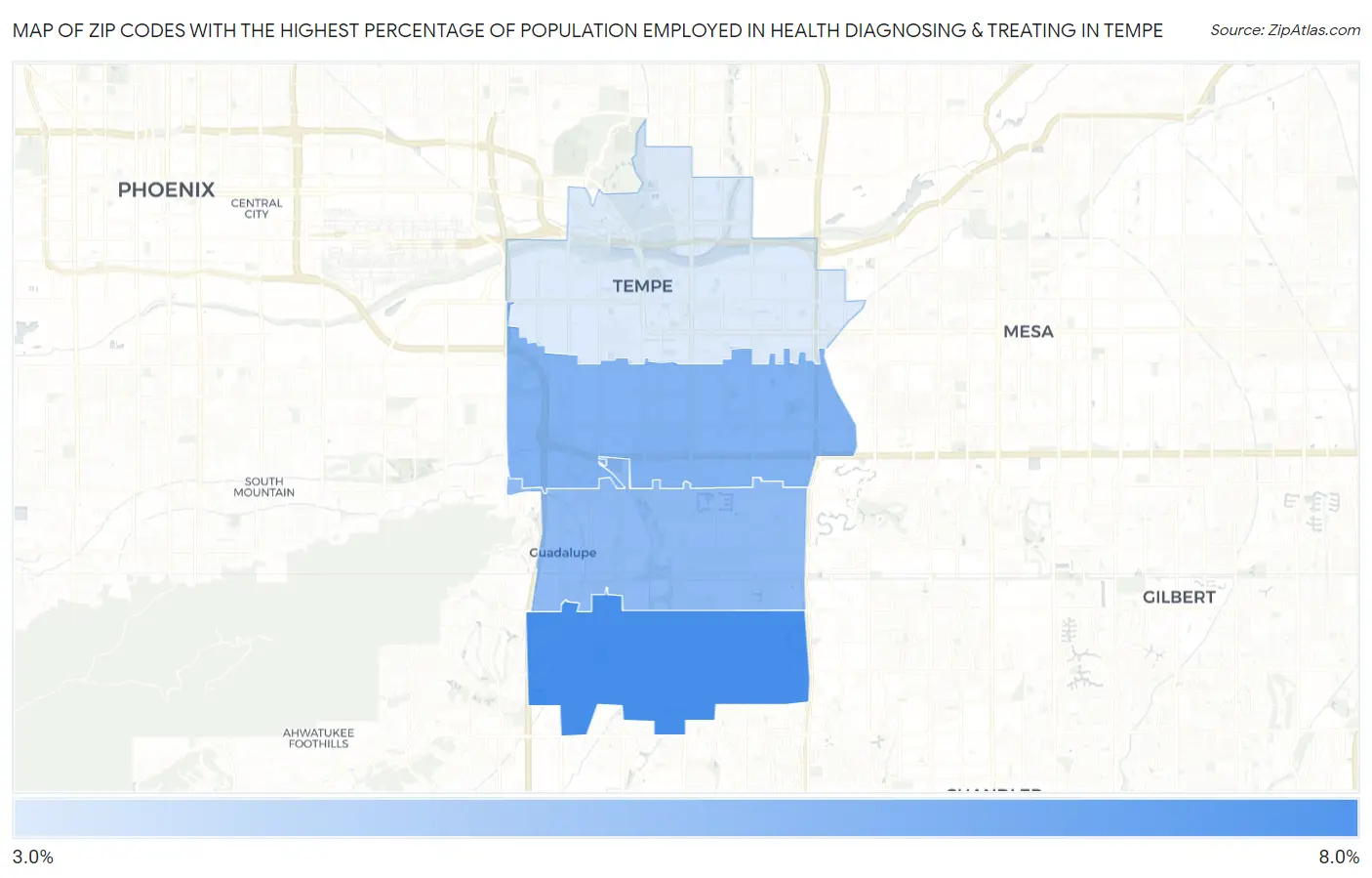 Zip Codes with the Highest Percentage of Population Employed in Health Diagnosing & Treating in Tempe Map