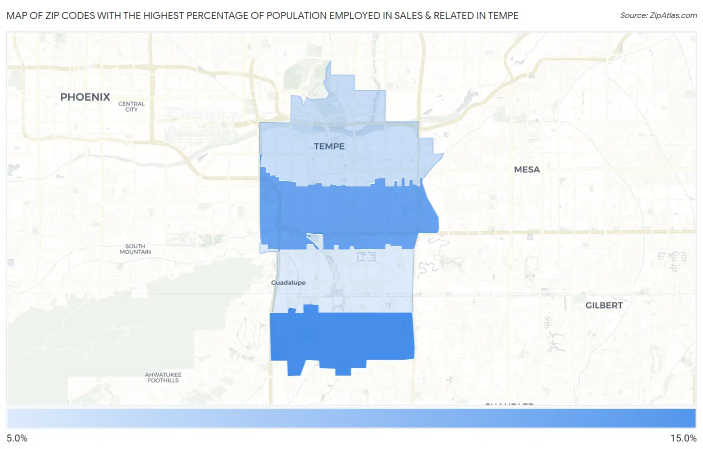 Zip Codes with the Highest Percentage of Population Employed in Sales & Related in Tempe Map