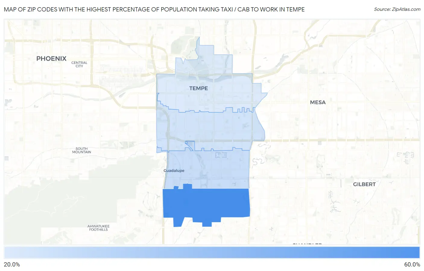 Zip Codes with the Highest Percentage of Population Taking Taxi / Cab to Work in Tempe Map