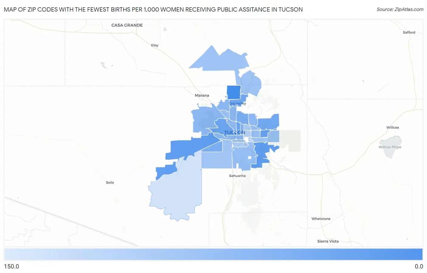 Zip Codes with the Fewest Births per 1,000 Women Receiving Public Assitance in Tucson Map