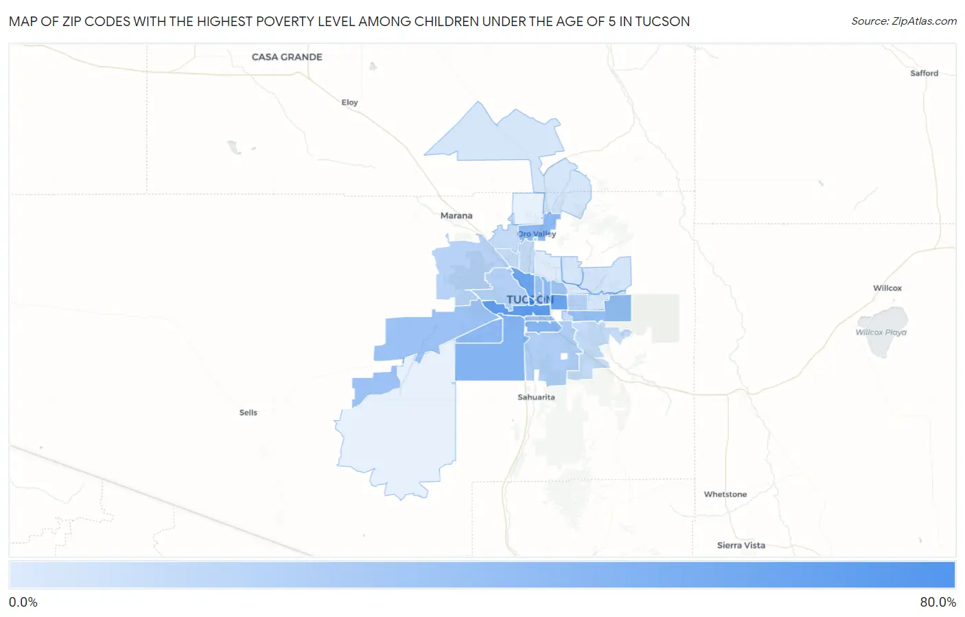Zip Codes with the Highest Poverty Level Among Children Under the Age of 5 in Tucson Map