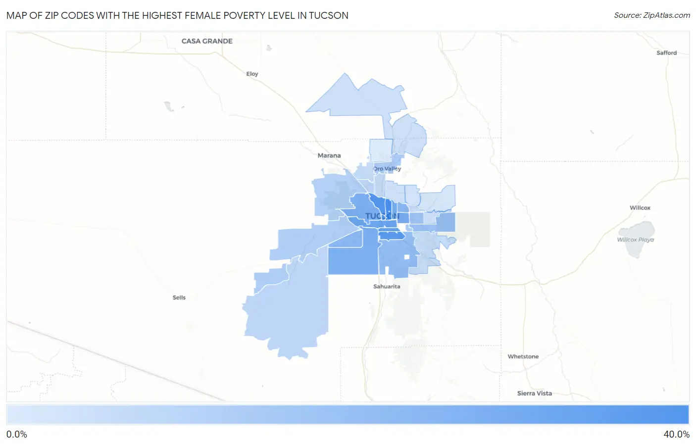 Zip Codes with the Highest Female Poverty Level in Tucson Map