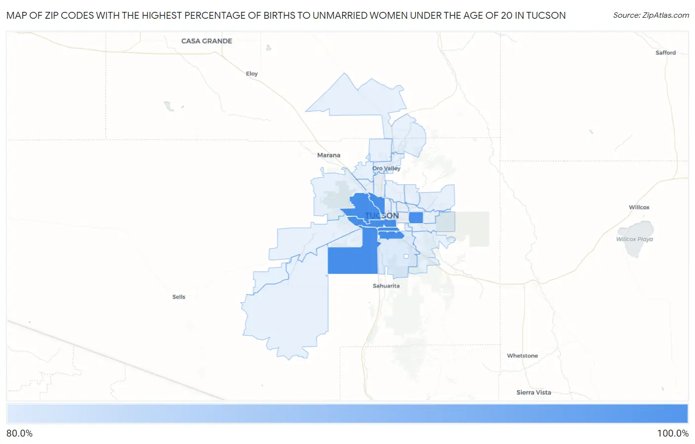 Zip Codes with the Highest Percentage of Births to Unmarried Women under the Age of 20 in Tucson Map