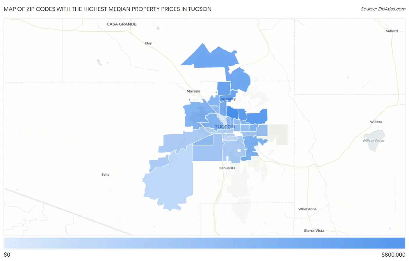 Zip Codes with the Highest Median Property Prices in Tucson Map