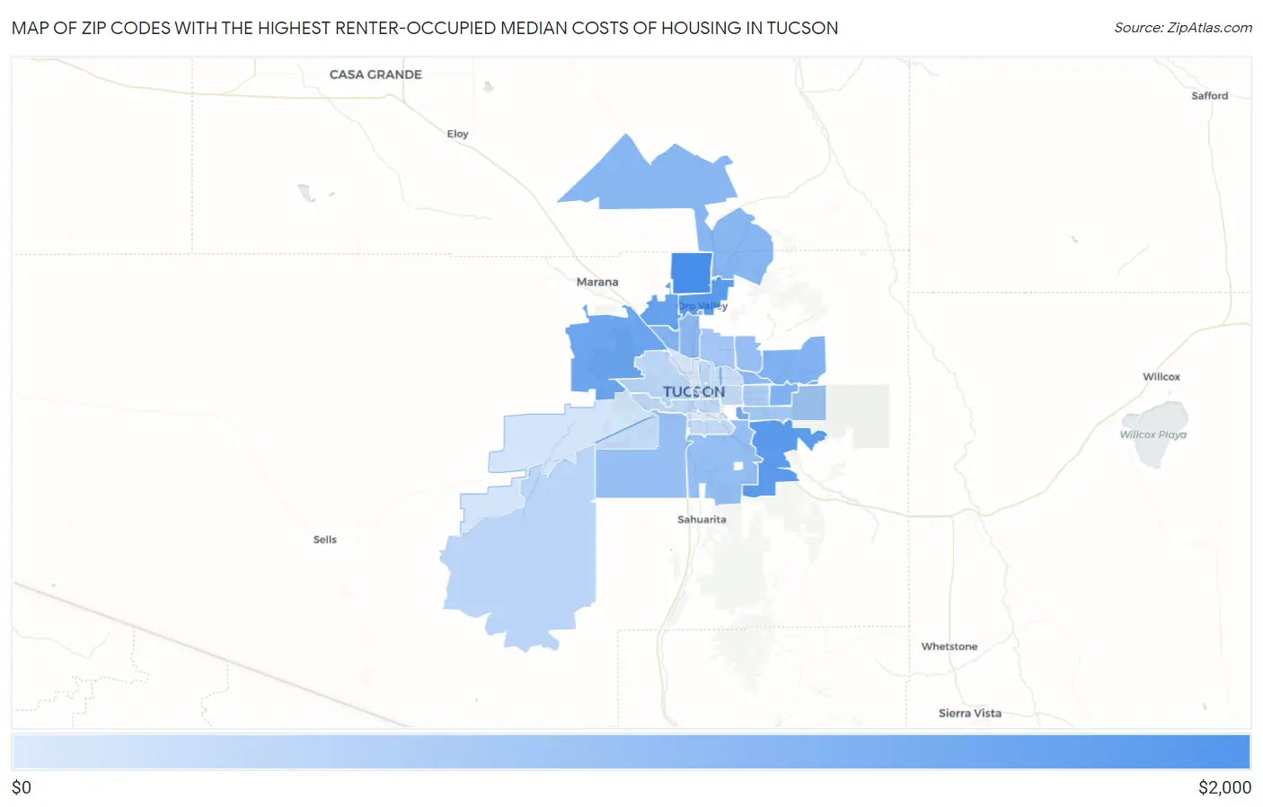 Zip Codes with the Highest Renter-Occupied Median Costs of Housing in Tucson Map