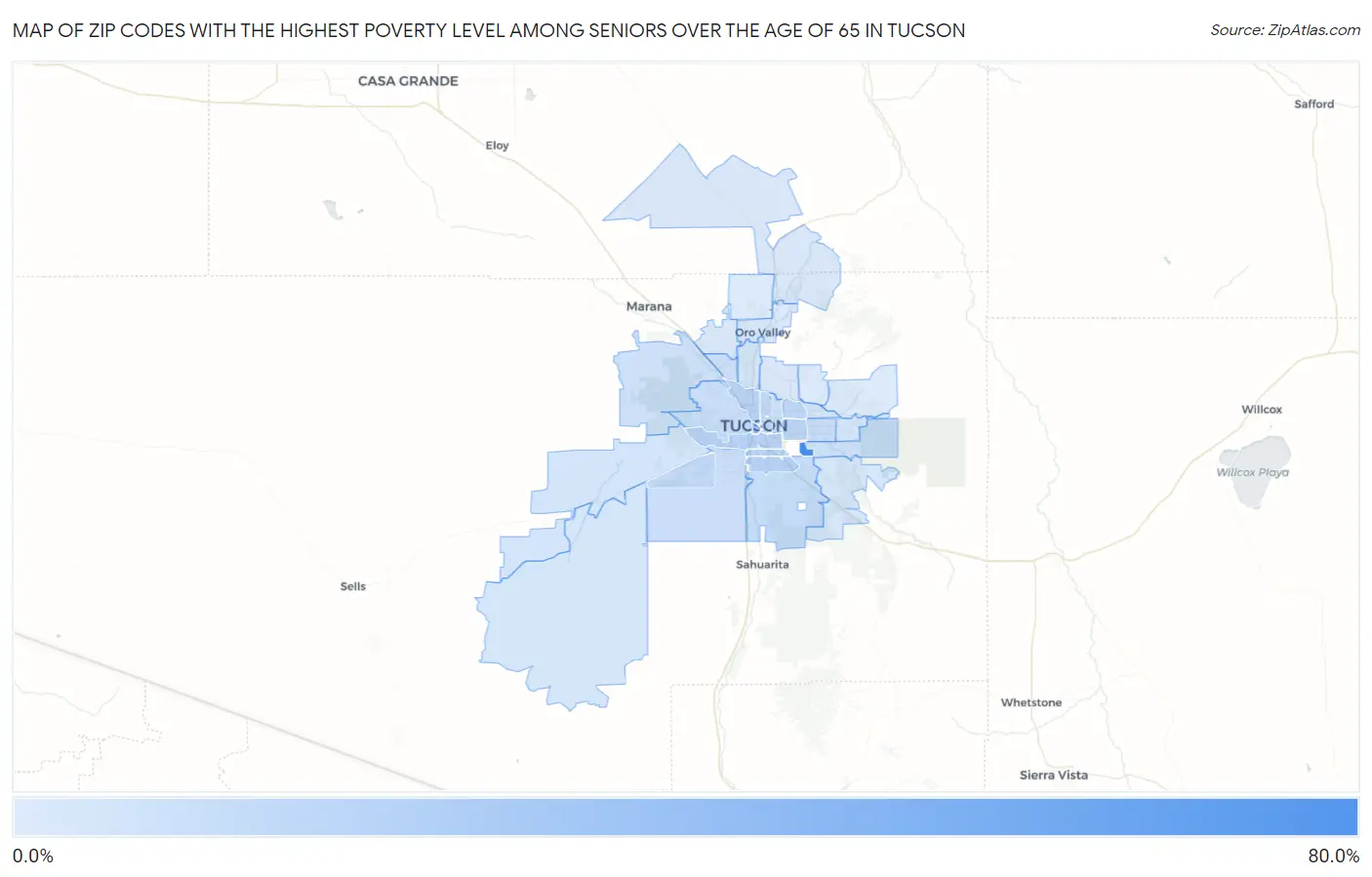 Zip Codes with the Highest Poverty Level Among Seniors Over the Age of 65 in Tucson Map