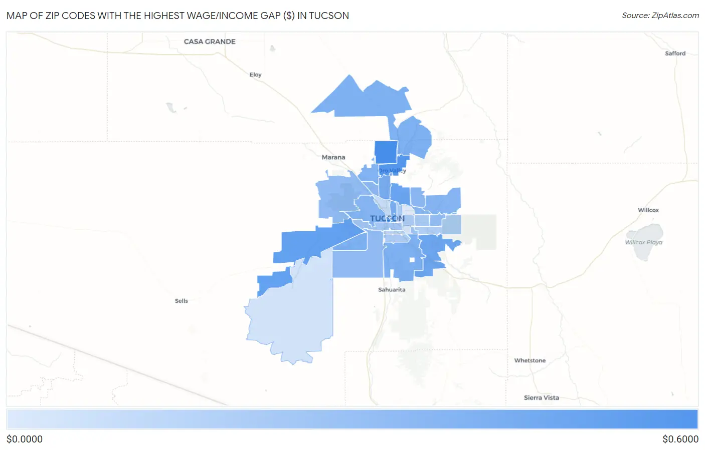 Zip Codes with the Highest Wage/Income Gap ($) in Tucson Map