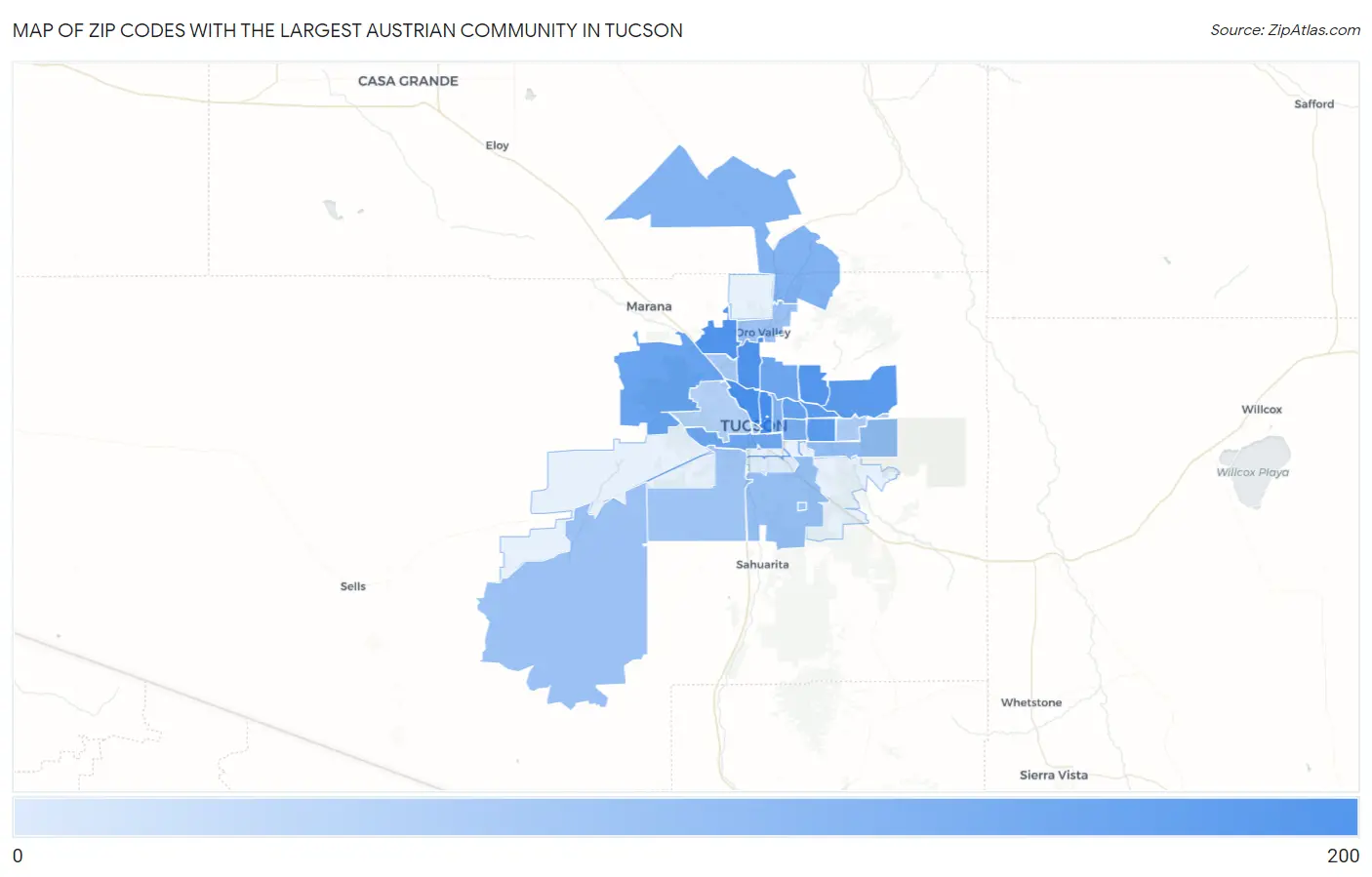 Zip Codes with the Largest Austrian Community in Tucson Map
