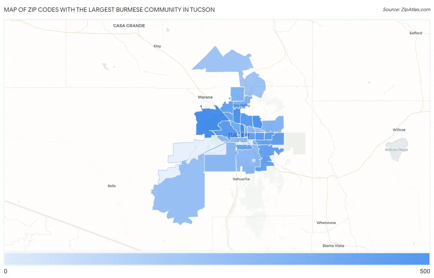 Zip Codes with the Largest Burmese Community in Tucson Map