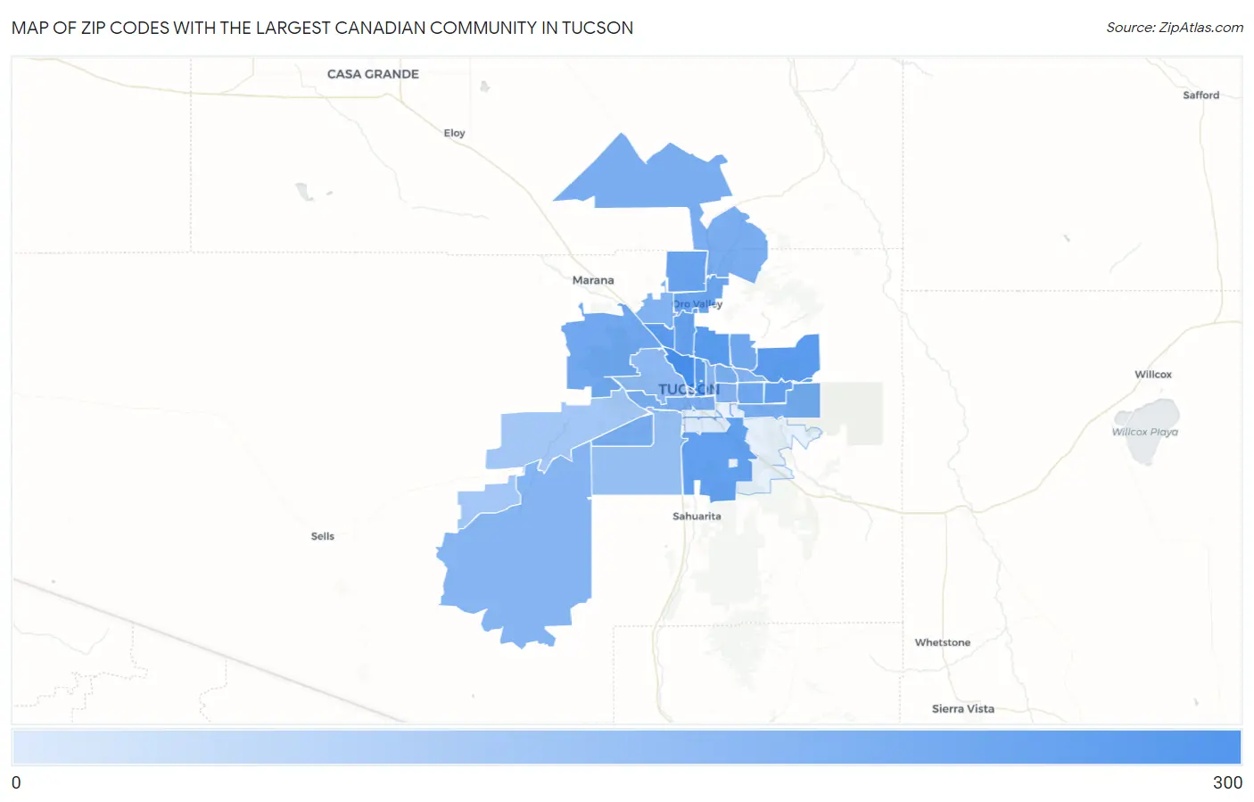 Zip Codes with the Largest Canadian Community in Tucson Map
