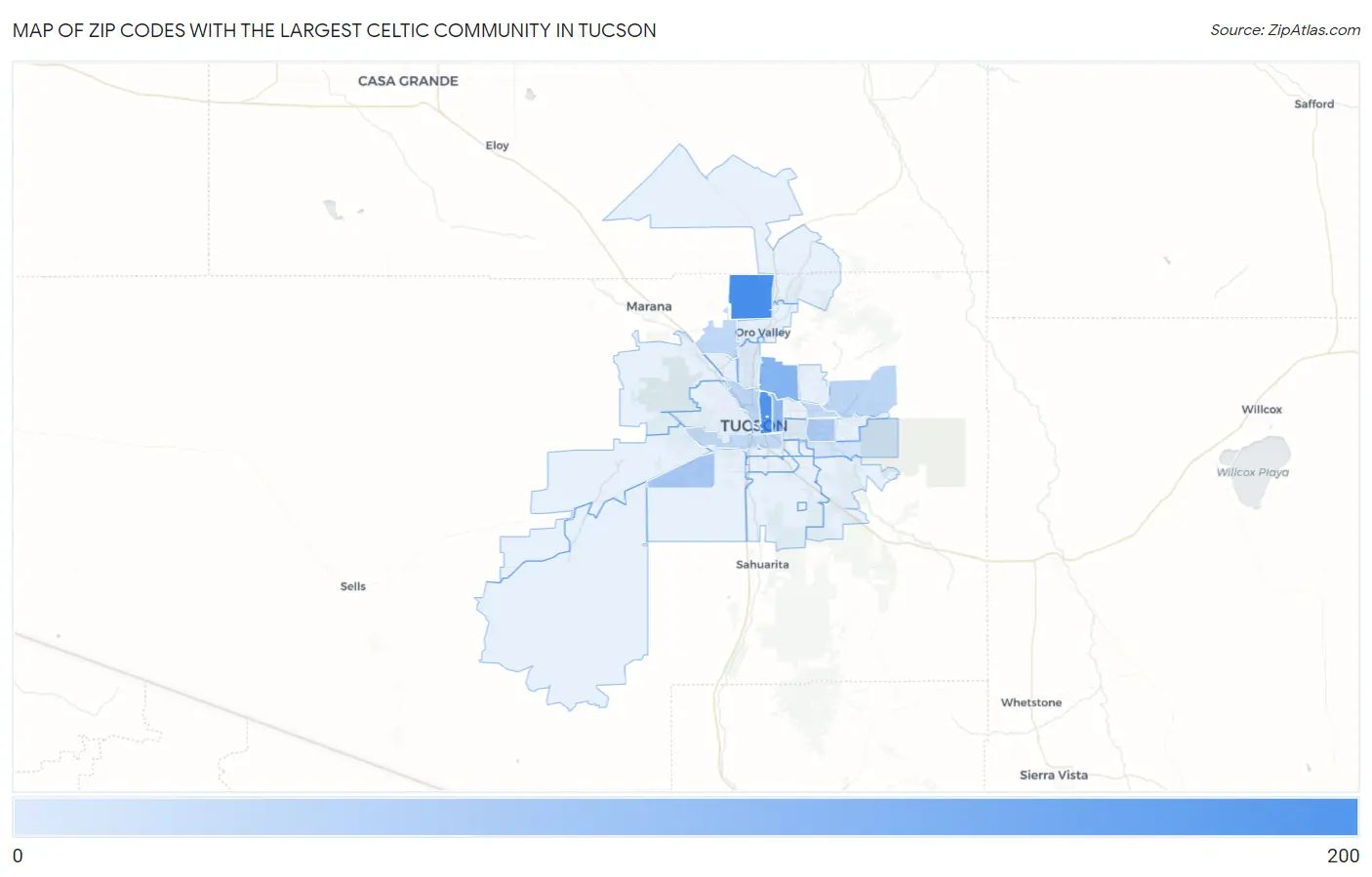 Zip Codes with the Largest Celtic Community in Tucson Map