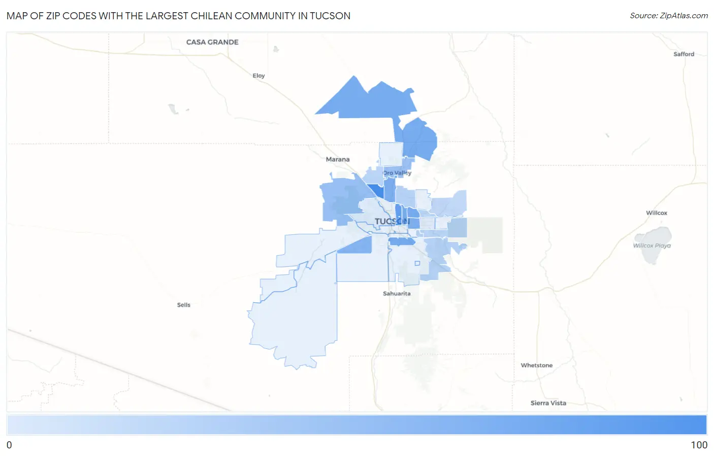 Zip Codes with the Largest Chilean Community in Tucson Map